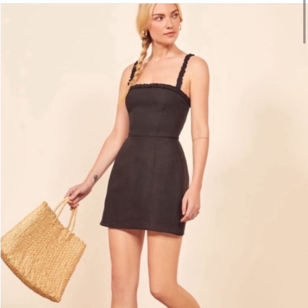 Reformation Janie Frilled-Trim Linen Mini Dress Black